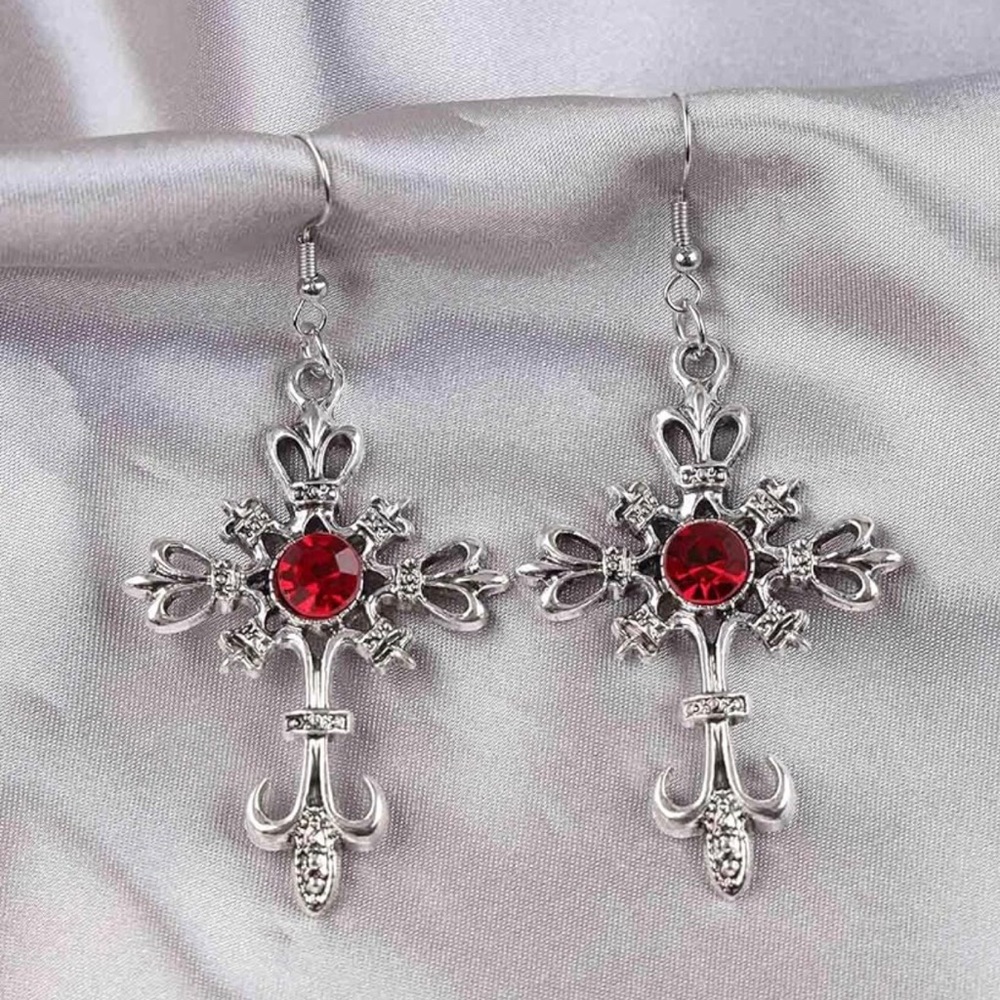Boho Silver Tone Cross Celtic Earrings with Red Gemstone NIB